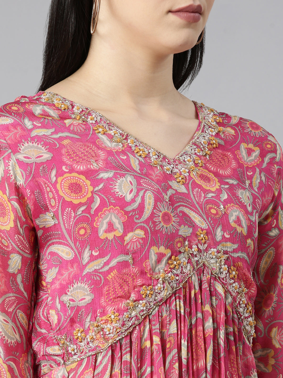 Neerus Pink Regular Straight Floral Kurta And Trousers With Dupatta