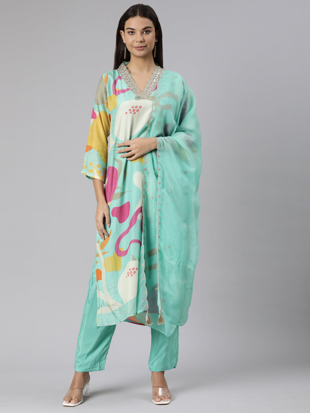 Neeru's Sea Green Regular Straight Geometric Kurta And Trousers With Dupatta