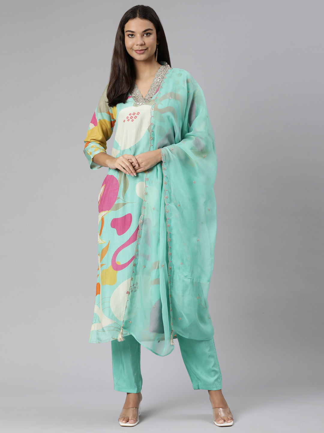 Neeru's Sea Green Regular Straight Geometric Kurta And Trousers With Dupatta