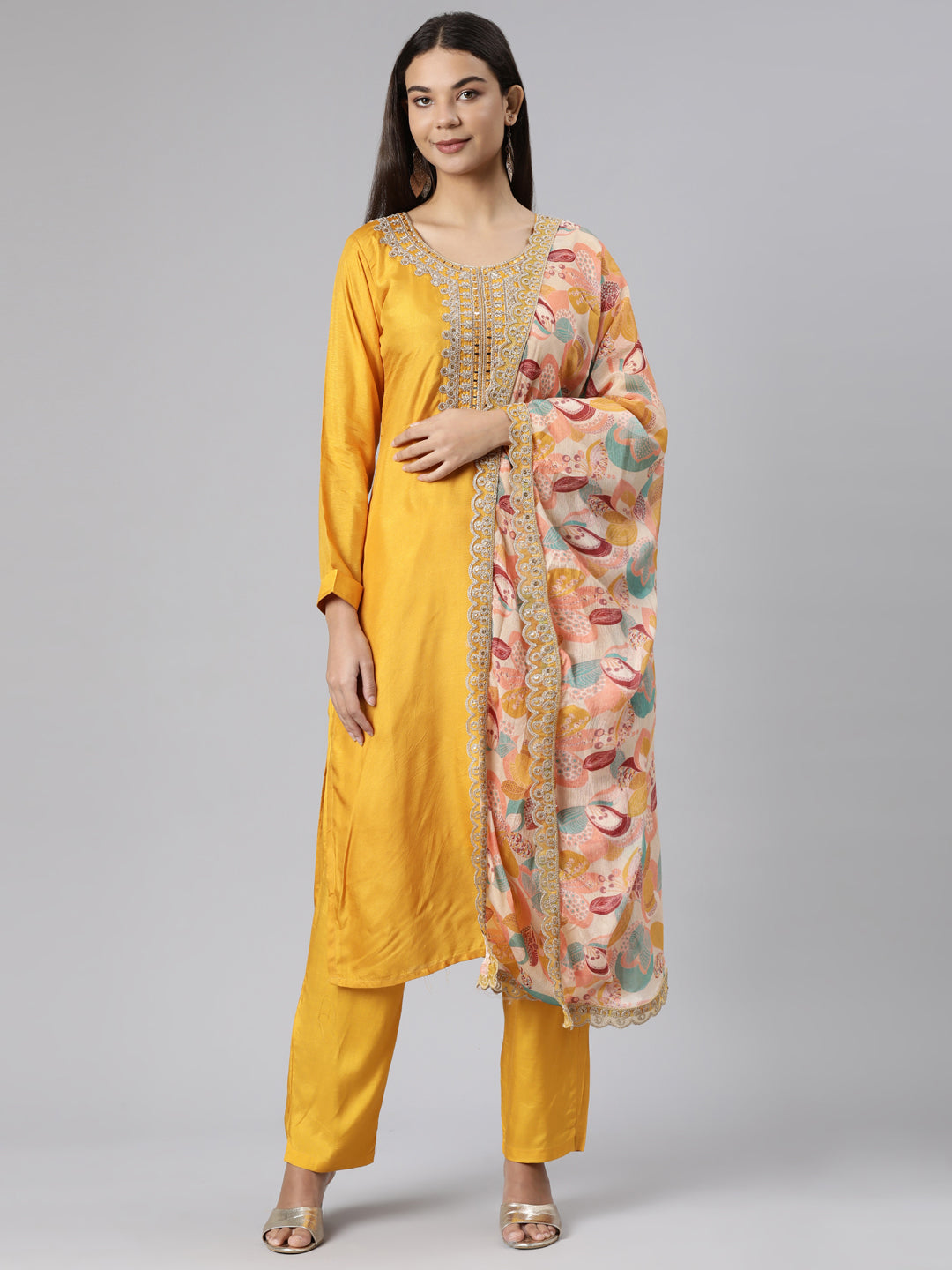 Neeru's Mustard Regular Straight Solid Readymade suits