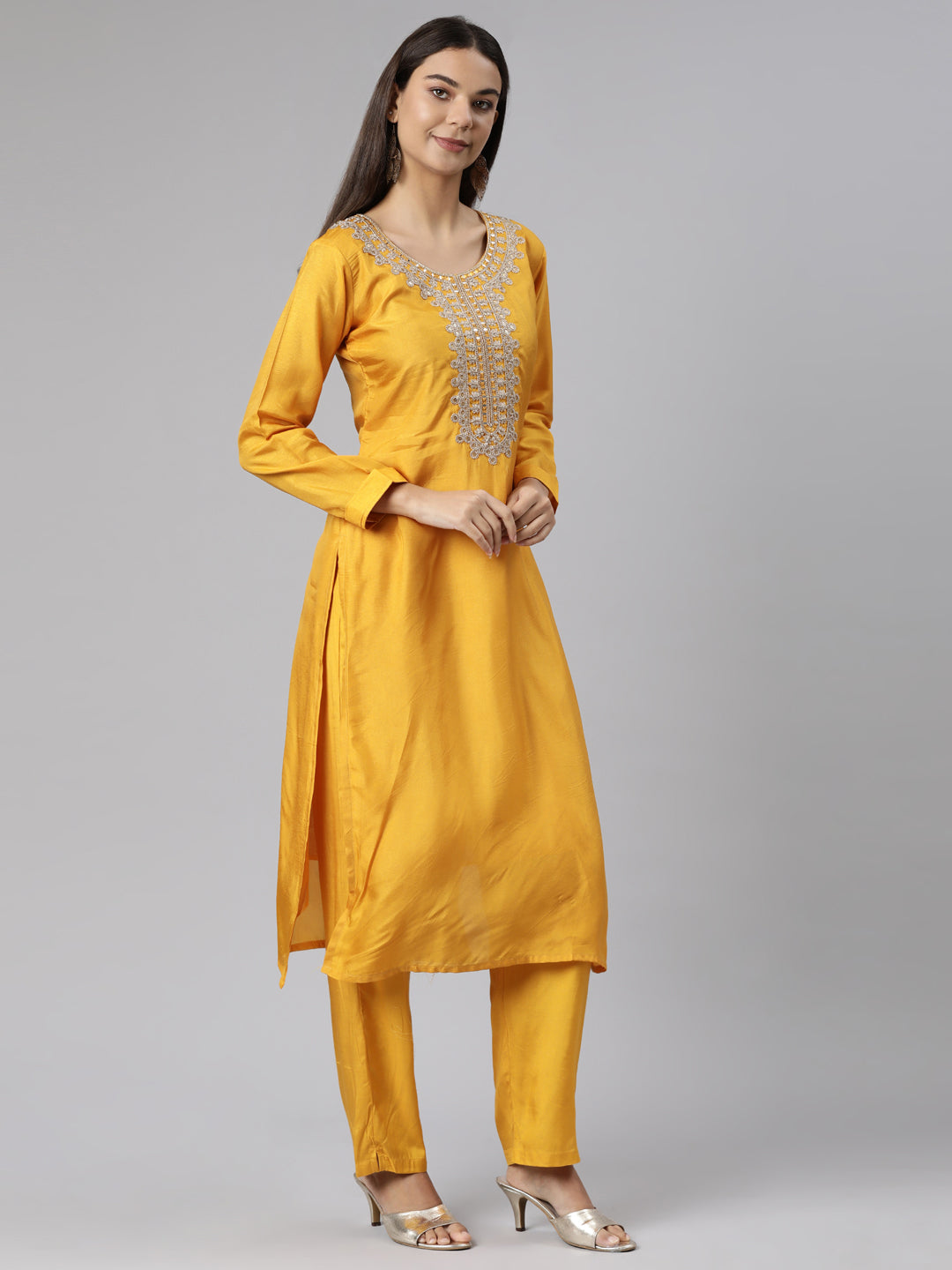 Neeru's Mustard Regular Straight Solid Readymade suits