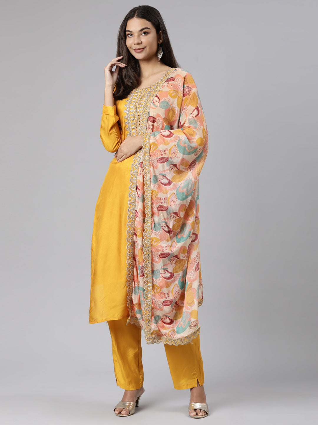 Neeru's Mustard Regular Straight Solid Readymade suits