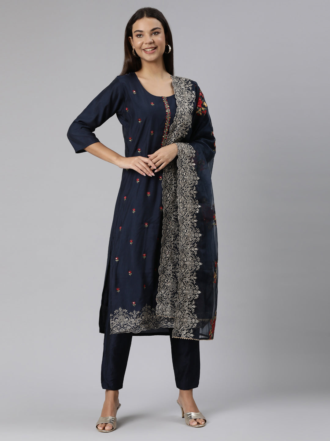 Neeru's Navy Blue Regular Straight Floral Readymade suits