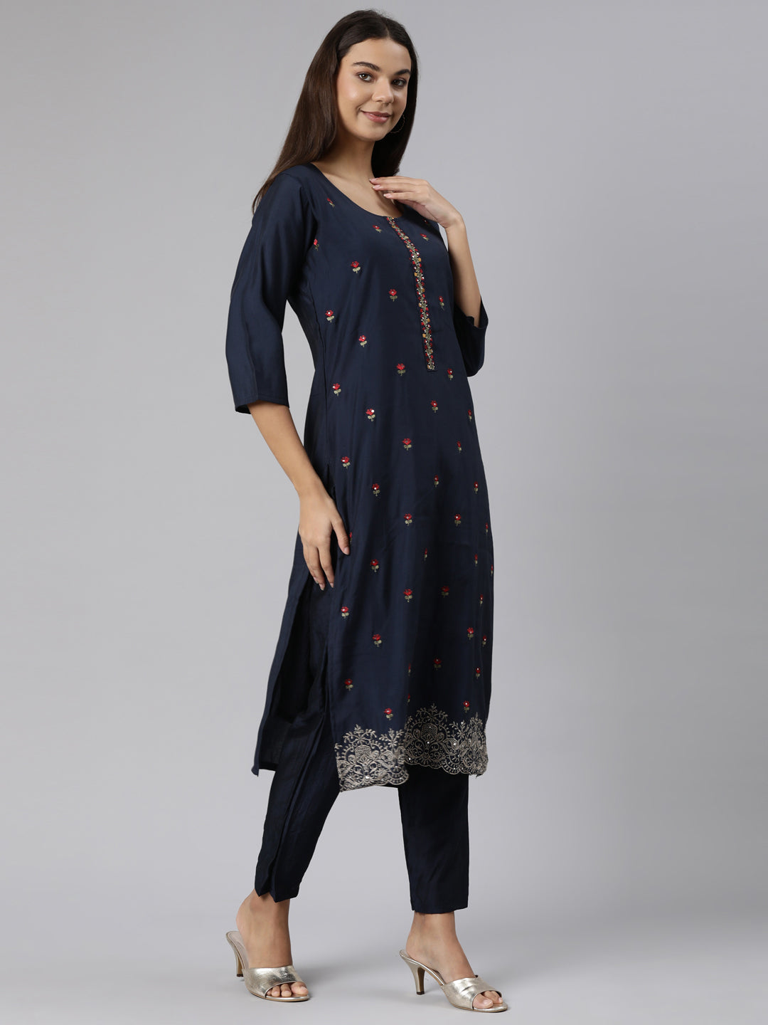 Neeru's Navy Blue Regular Straight Floral Readymade suits