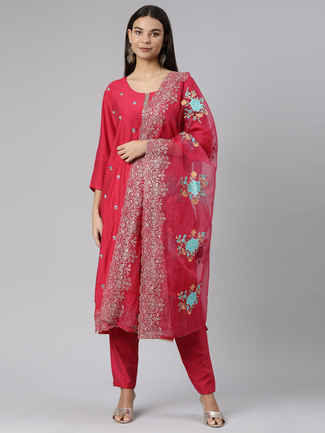 Neeru's Pink Regular Straight Floral Kurta And Trousers With Dupatta