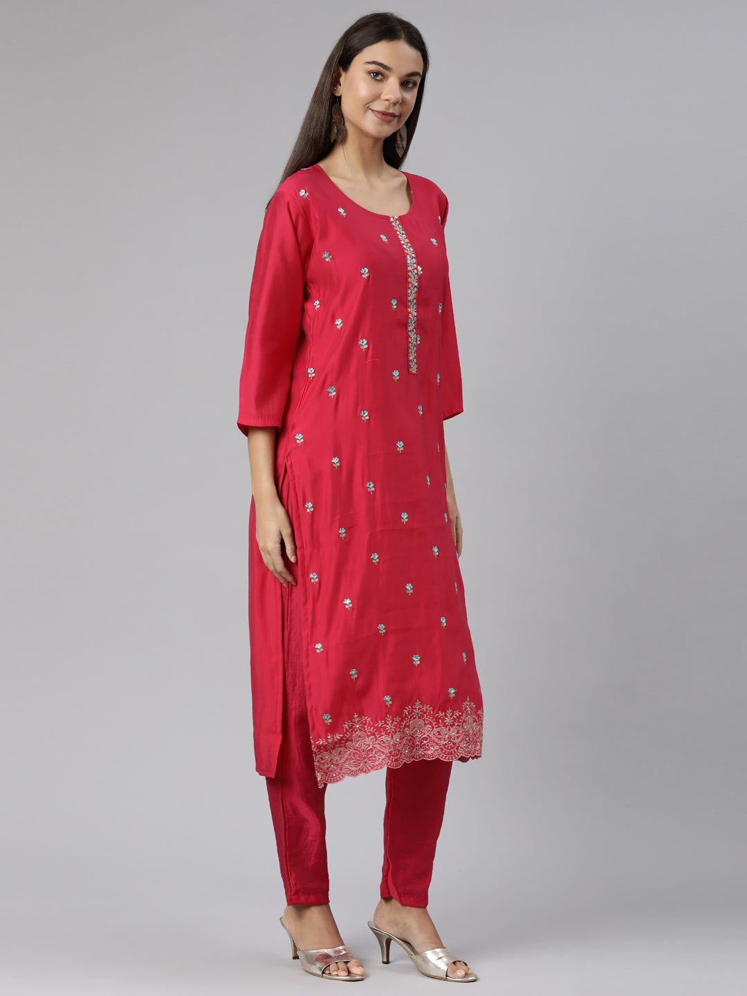 Neeru's Pink Regular Straight Floral Kurta And Trousers With Dupatta