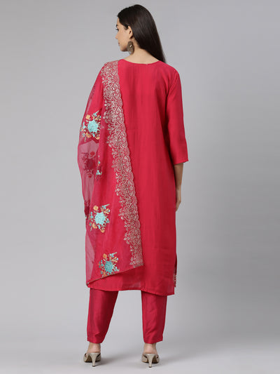 Neeru's Pink Regular Straight Floral Kurta And Trousers With Dupatta