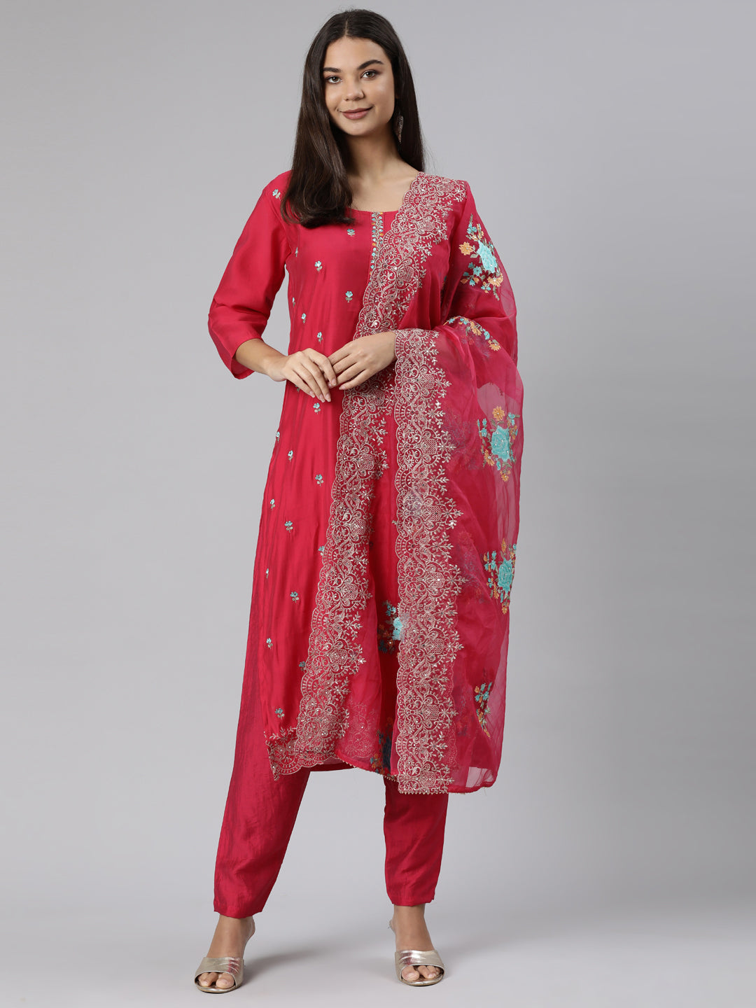 Neeru's Pink Regular Straight Floral Kurta And Trousers With Dupatta