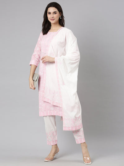 Neerus Pink Regular Straight Floral Kurta And  Trousers With Dupatta