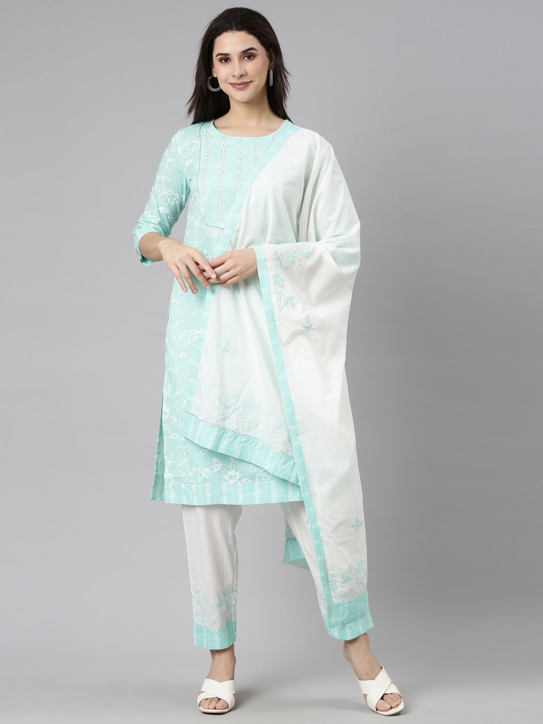 Neerus Sea Green Regular Straight Floral Readymade suits