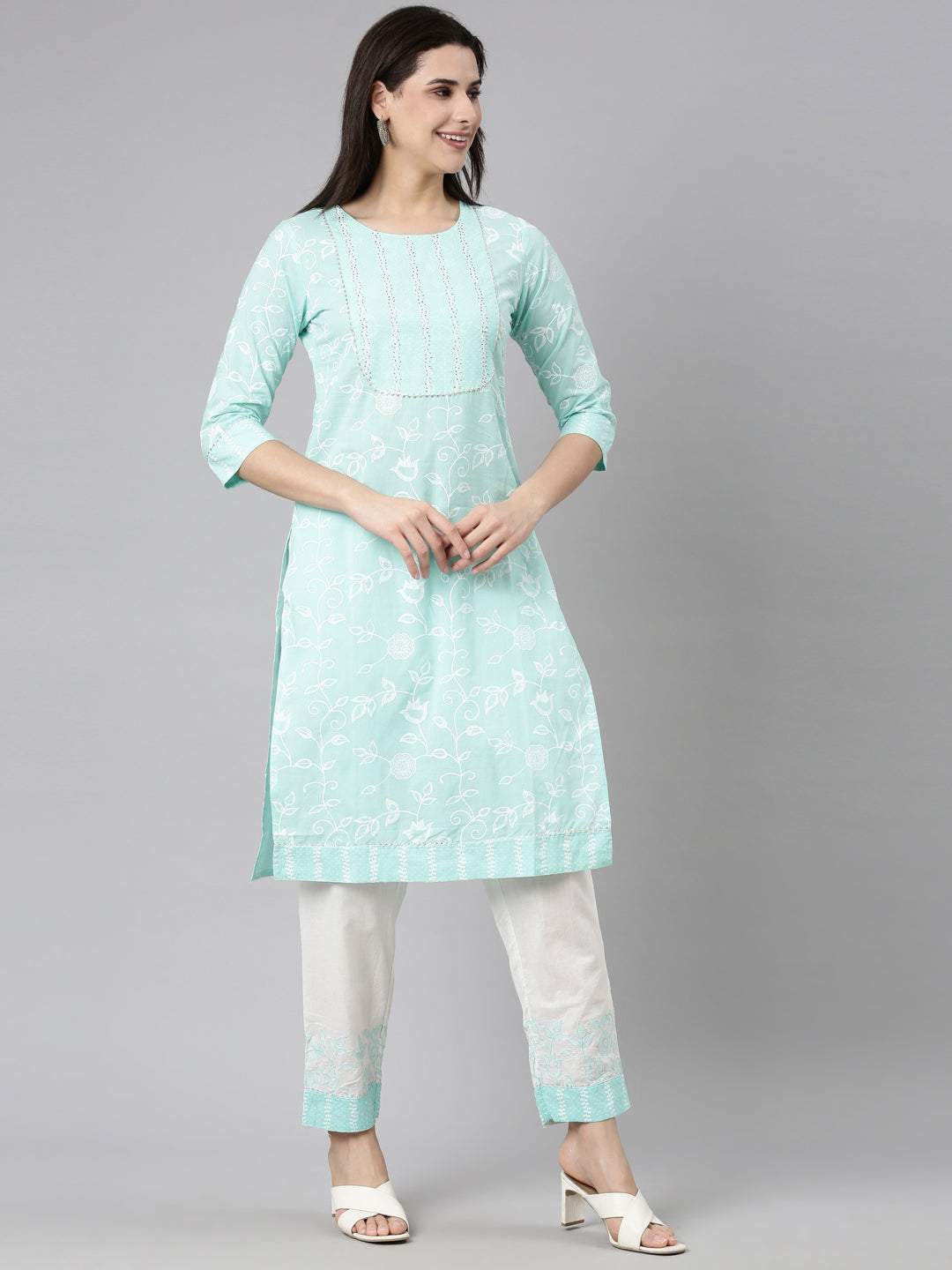 Neerus Sea Green Regular Straight Floral Readymade suits