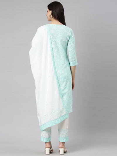 Neerus Sea Green Regular Straight Floral Readymade suits