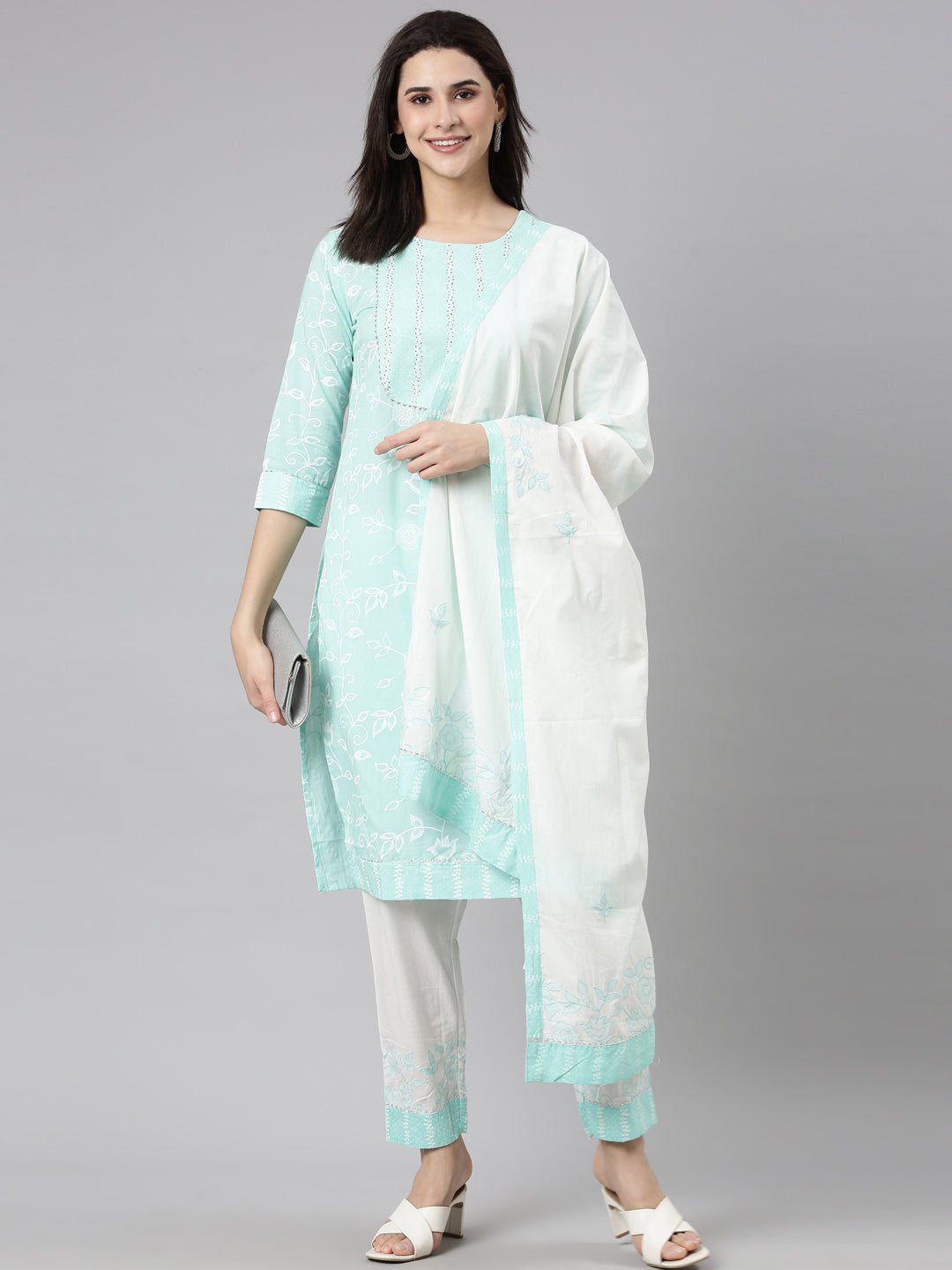 Neerus Sea Green Regular Straight Floral Readymade suits