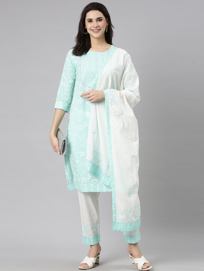 Neerus Sea Green Regular Straight Floral Readymade suits