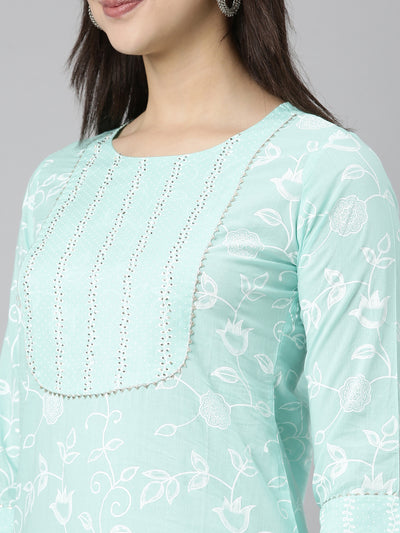 Neerus Sea Green Regular Straight Floral Readymade suits