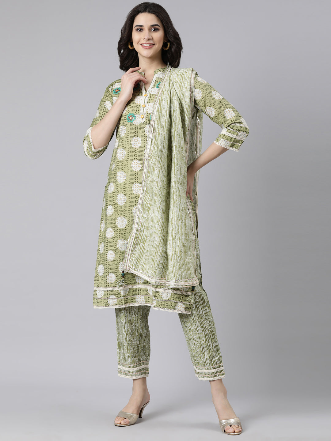 Neerus Green Regular Straight Woven Design Kurta And  Trousers With Dupatta