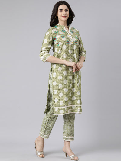 Neerus Green Regular Straight Woven Design Kurta And  Trousers With Dupatta