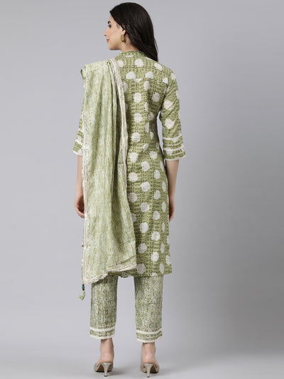 Neerus Green Regular Straight Woven Design Kurta And  Trousers With Dupatta