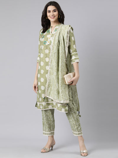 Neerus Green Regular Straight Woven Design Kurta And  Trousers With Dupatta