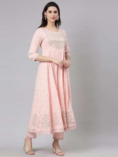 Neerus Peach Regular Straight Floral Kurta And  Trousers With Dupatta