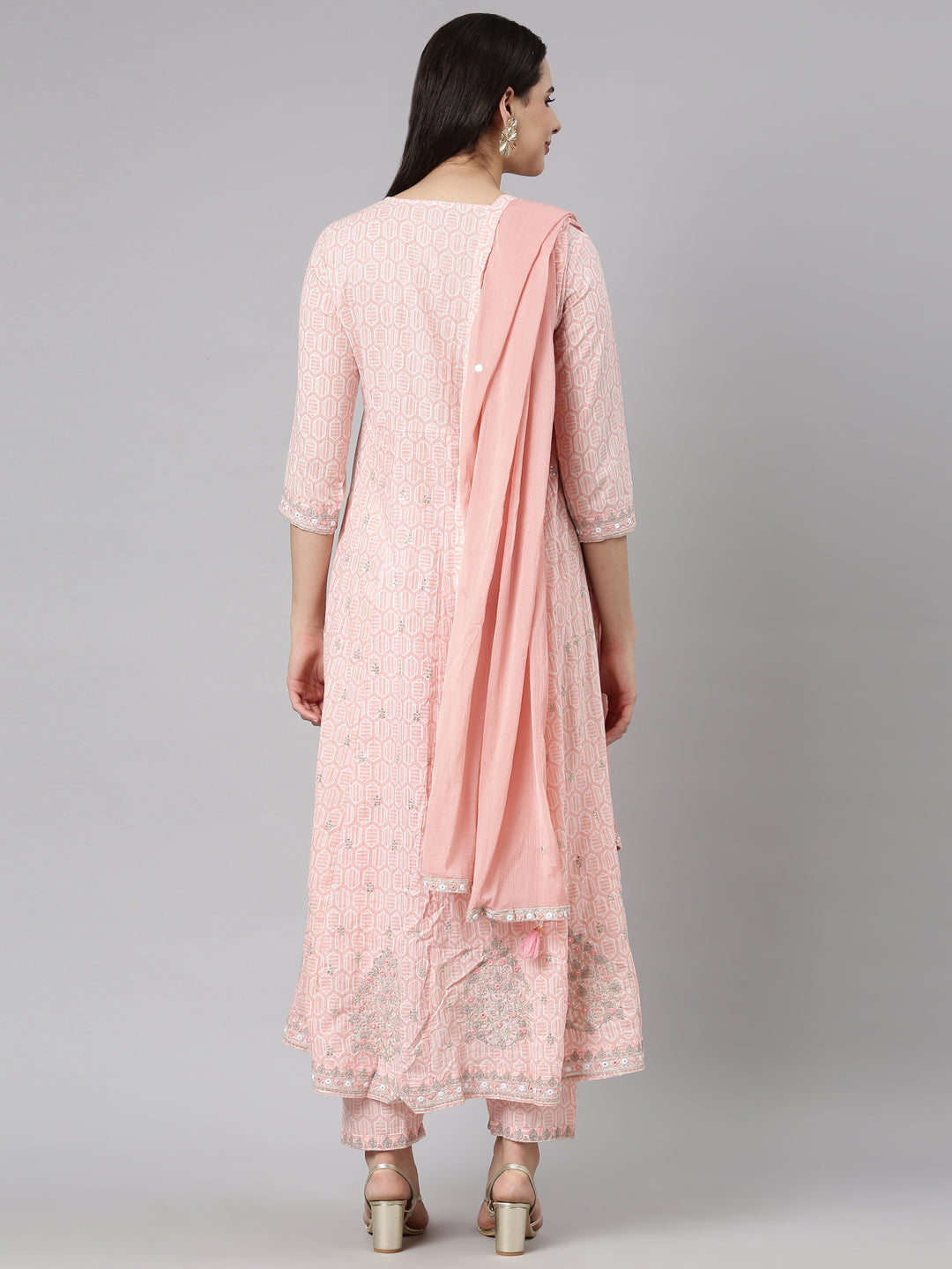 Neerus Peach Regular Straight Floral Kurta And  Trousers With Dupatta