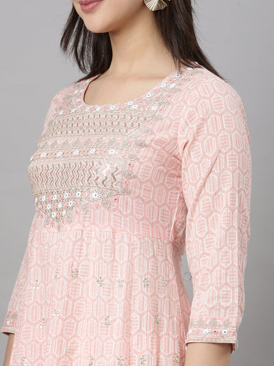 Neerus Peach Regular Straight Floral Kurta And  Trousers With Dupatta