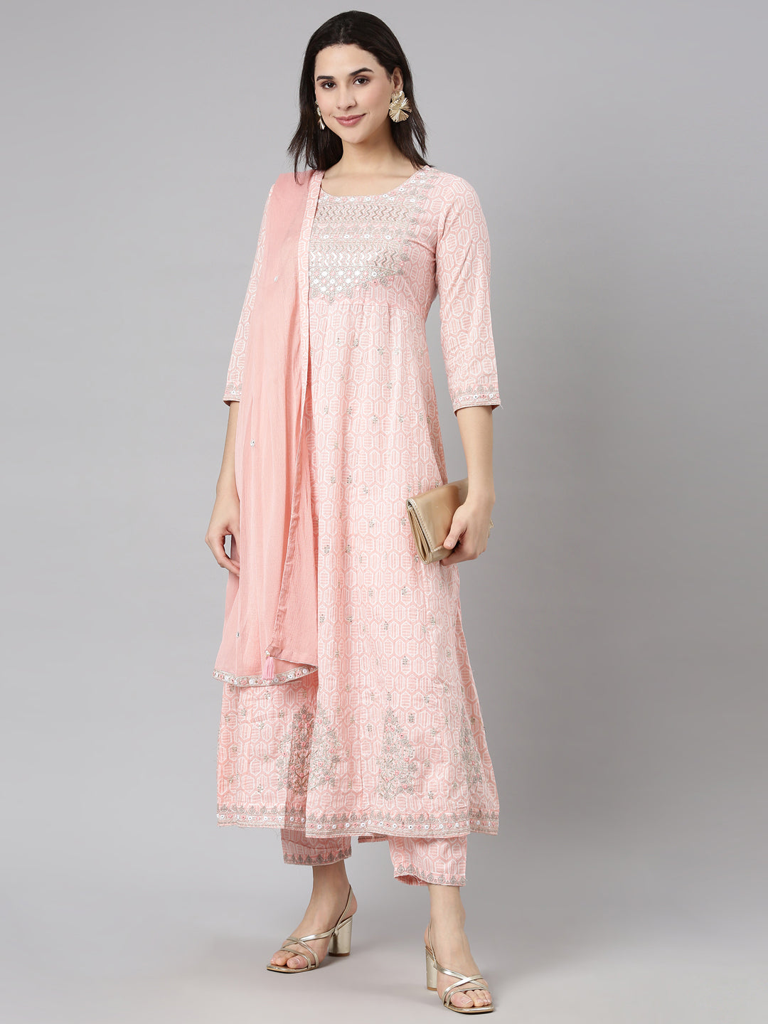 Neerus Peach Regular Straight Floral Kurta And  Trousers With Dupatta