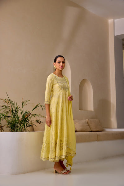 Neerus Yellow Curved Sequence Work Kurta And Trousers With Dupatta