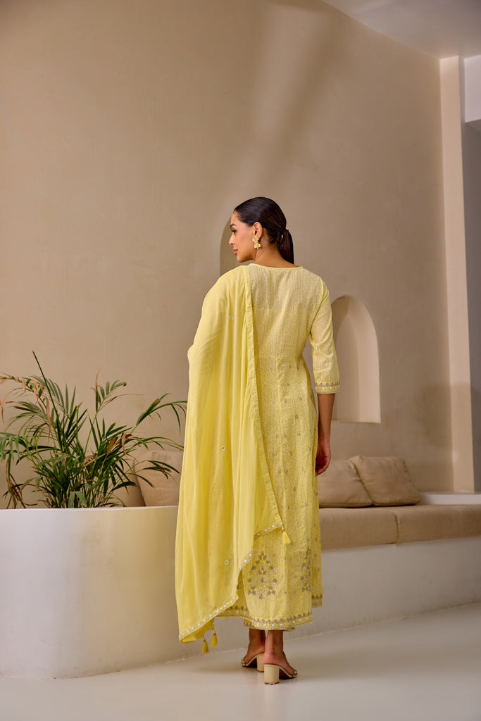 Neerus Yellow Curved Sequence Work Kurta And Trousers With Dupatta