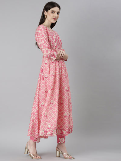 Neeru's Pink Regular Straight Abstract Kurta And Trousers With Dupatta