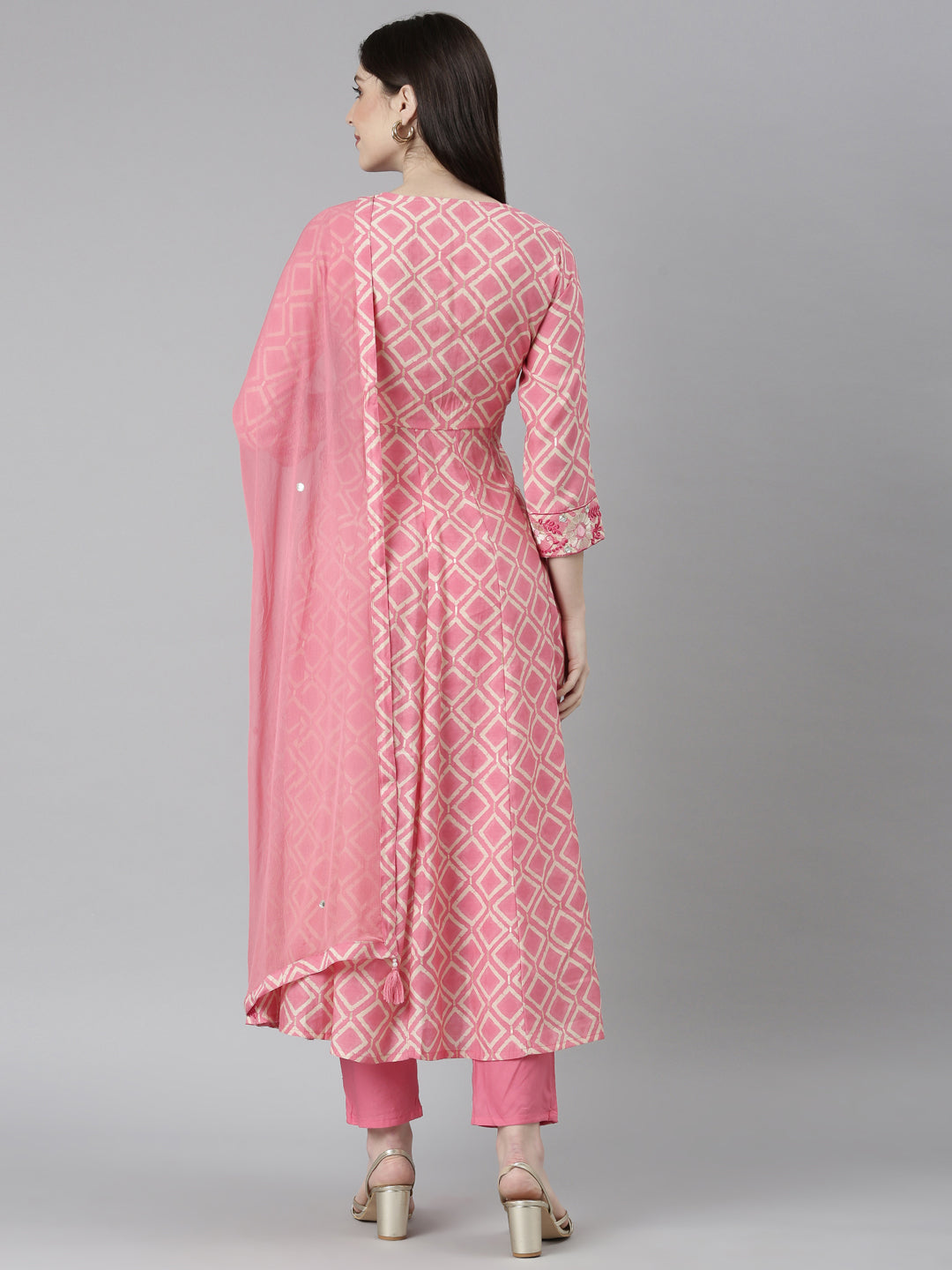 Neeru's Pink Regular Straight Abstract Kurta And Trousers With Dupatta