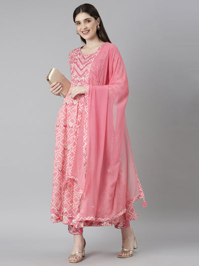 Neeru's Pink Regular Straight Abstract Kurta And Trousers With Dupatta