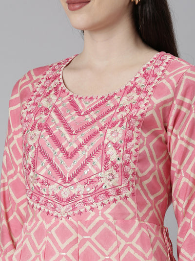 Neeru's Pink Regular Straight Abstract Kurta And Trousers With Dupatta