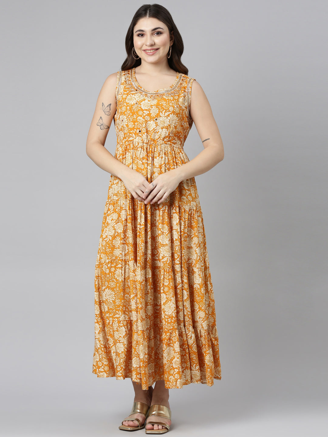 Neeru's Gold Straight Casual Printed Gown