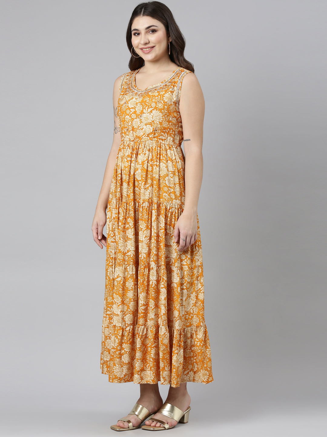 Neeru's Gold Straight Casual Printed Gown