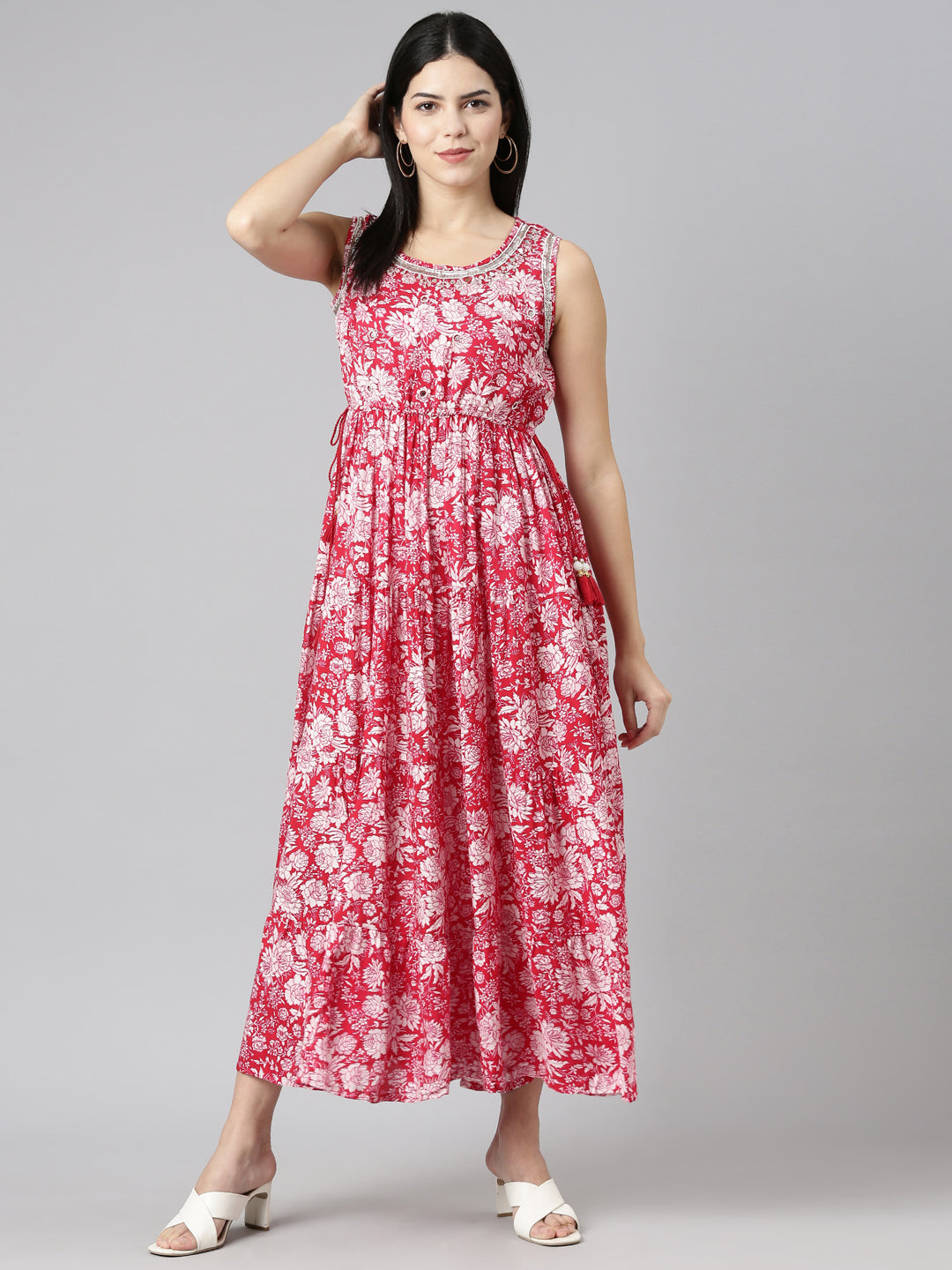 Neeru's Magenta Straight Casual Printed Gown