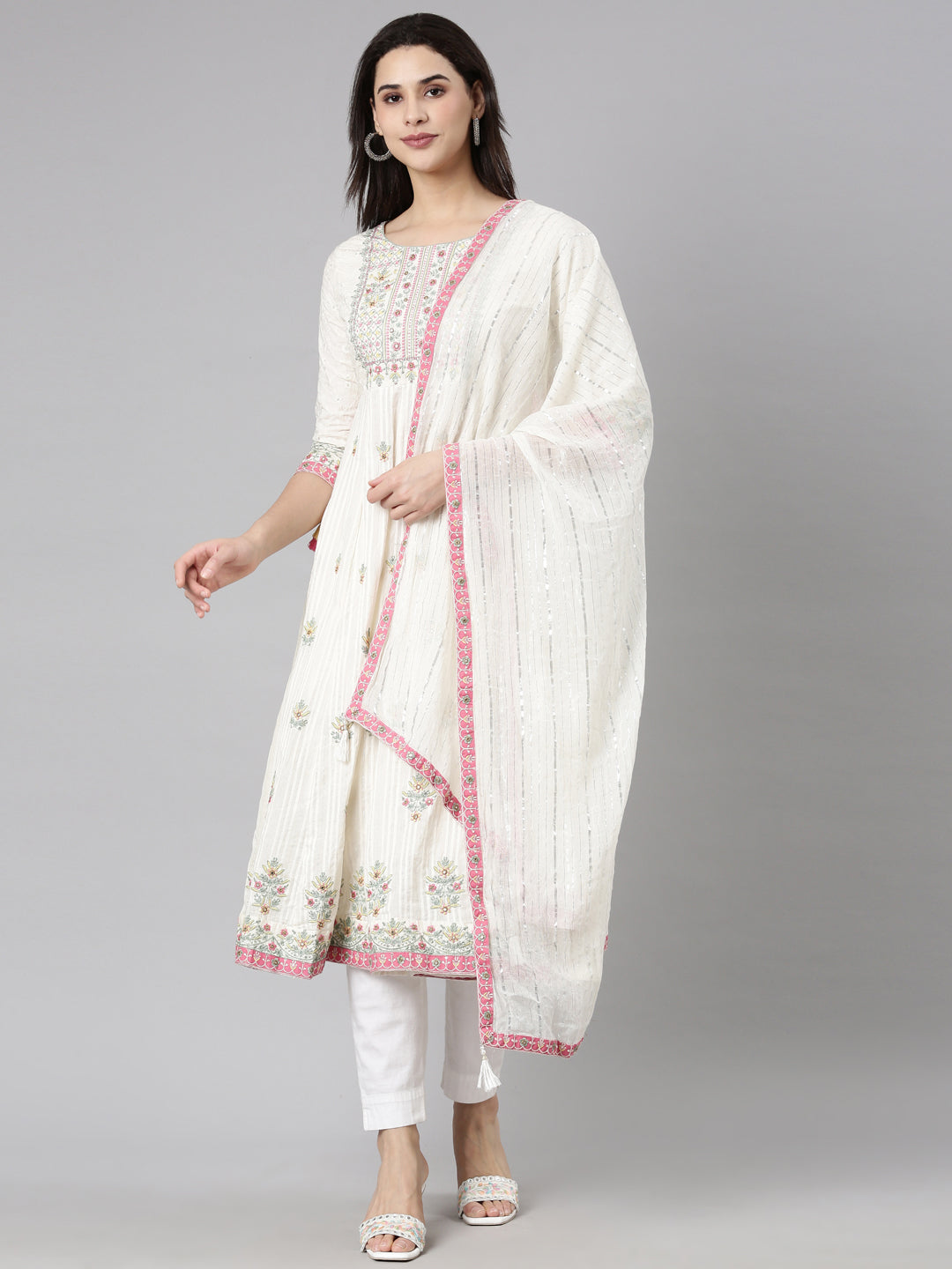 Neerus Cream Regular Straight Floral Kurta And  Trousers With Dupatta