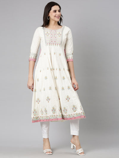 Neerus Cream Regular Straight Floral Kurta And  Trousers With Dupatta