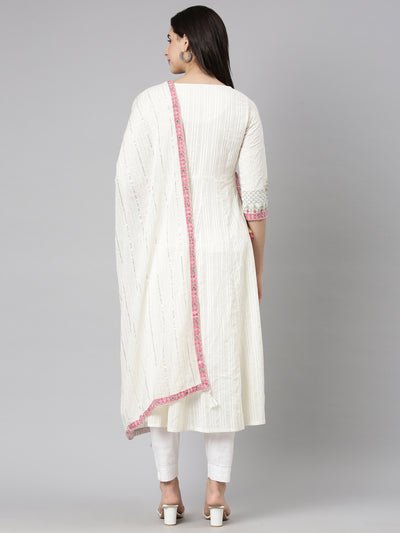 Neerus Cream Regular Straight Floral Kurta And  Trousers With Dupatta