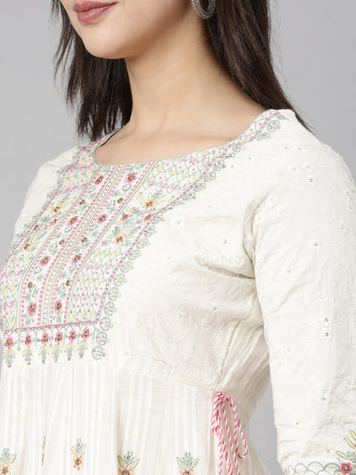 Neerus Cream Regular Straight Floral Kurta And  Trousers With Dupatta