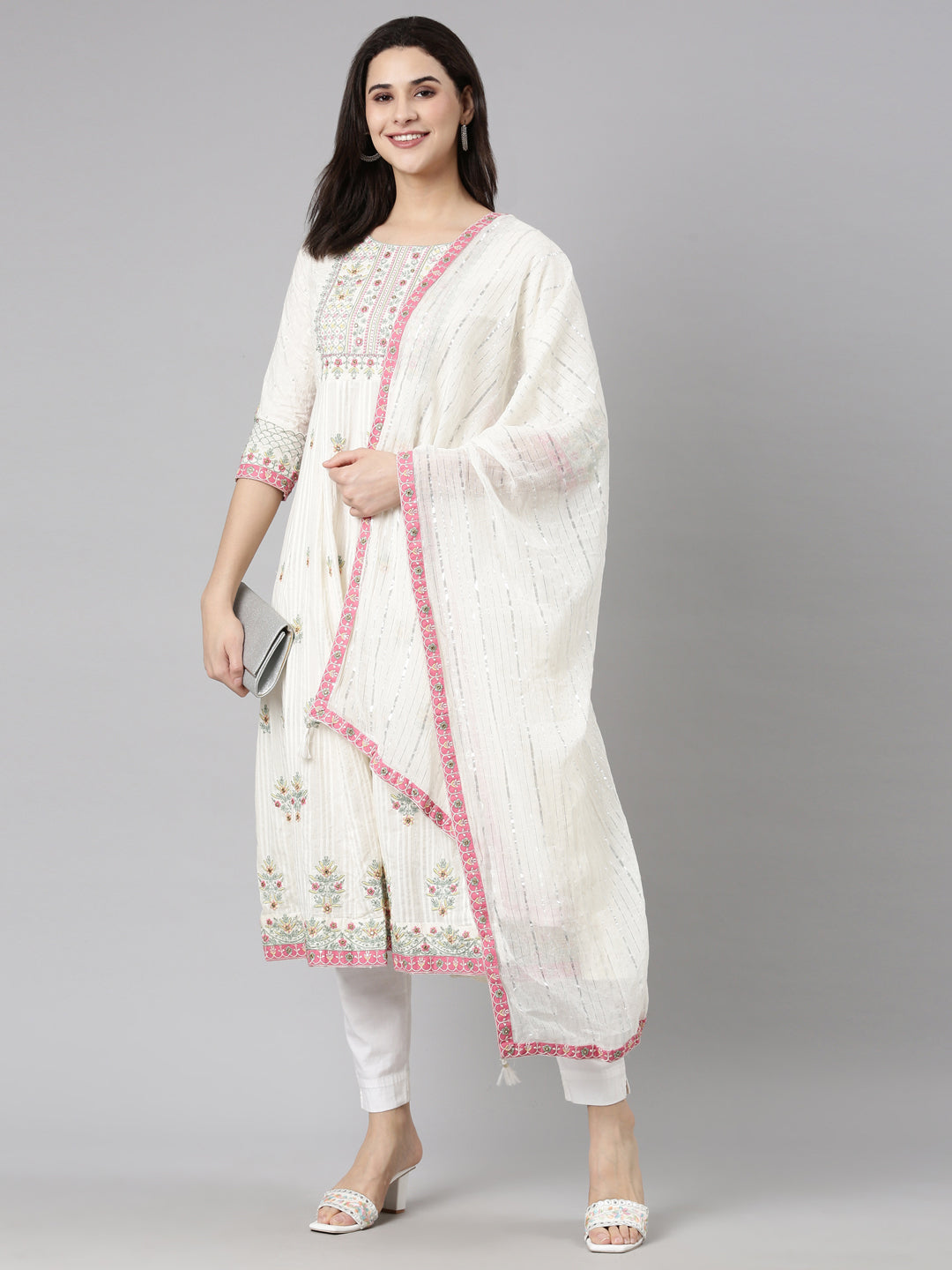 Neerus Cream Regular Straight Floral Kurta And  Trousers With Dupatta