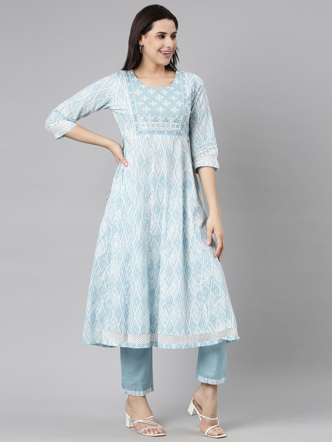 Neerus Blue Regular Straight Chevron Kurta And  Trousers With Dupatta