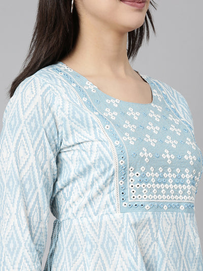 Neerus Blue Regular Straight Chevron Kurta And  Trousers With Dupatta