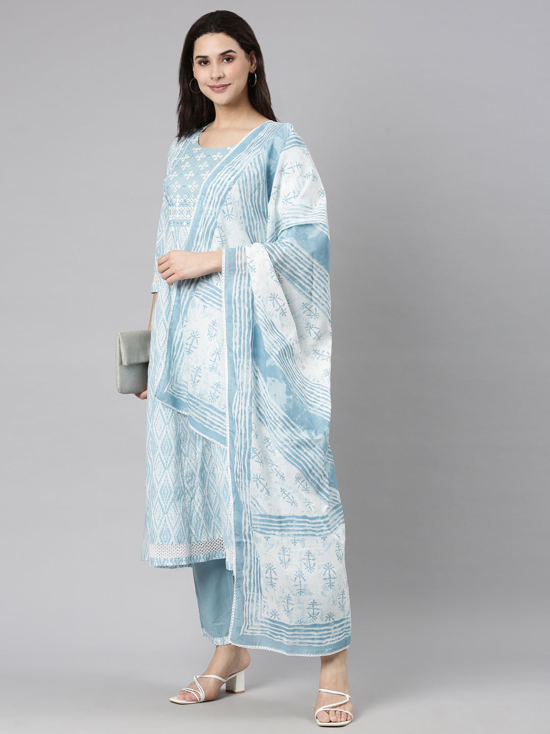 Neerus Blue Regular Straight Chevron Kurta And  Trousers With Dupatta