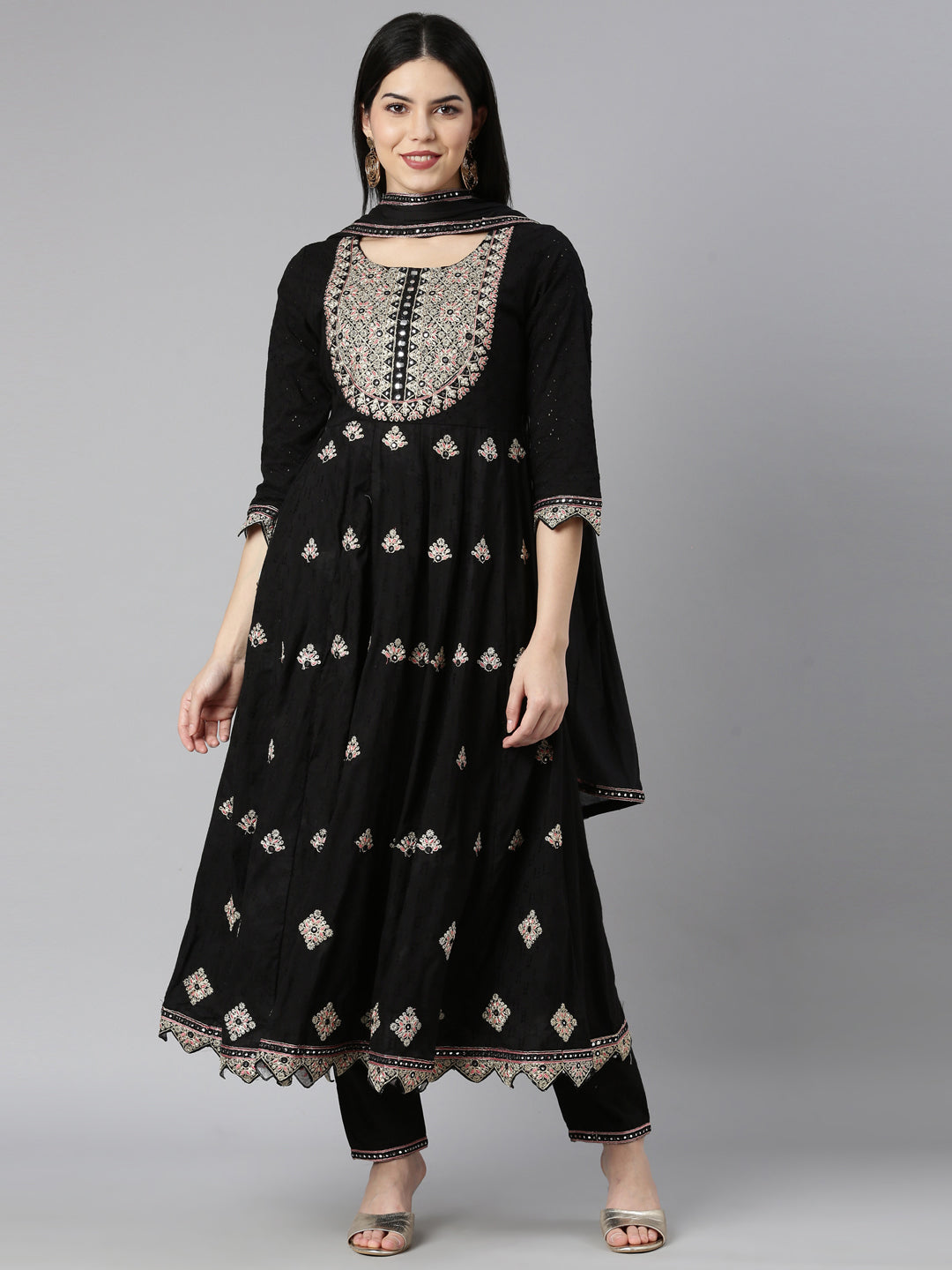 Neerus Black Regular Straight Floral Kurta And Trousers With Dupatta