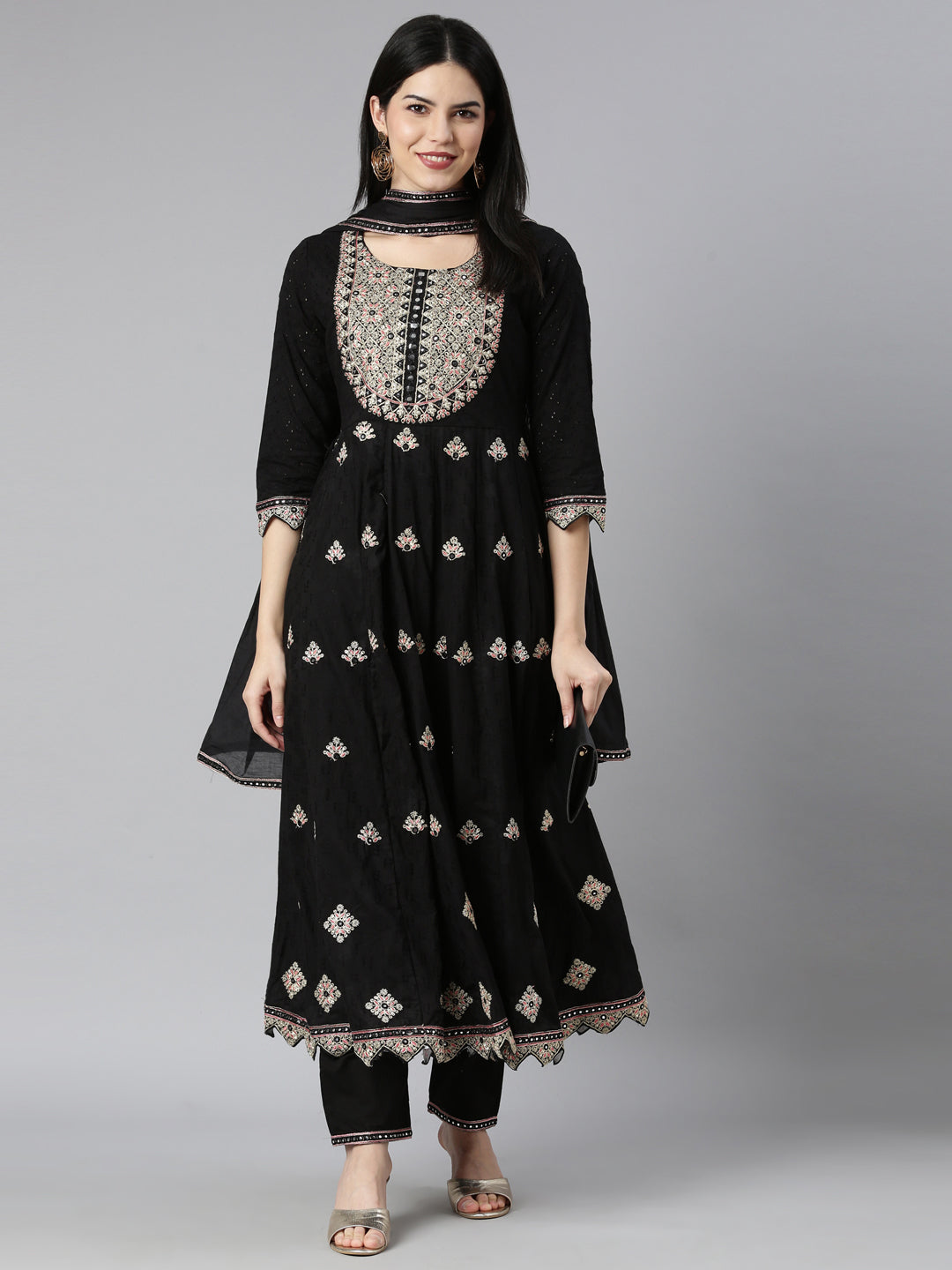 Neerus Black Regular Straight Floral Kurta And Trousers With Dupatta