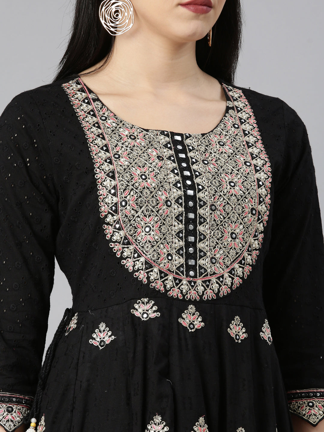 Neerus Black Regular Straight Floral Kurta And Trousers With Dupatta