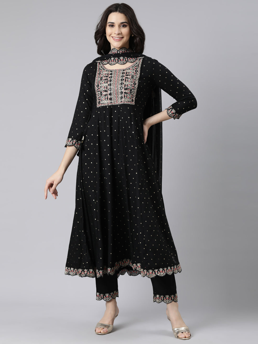 Neerus Black Regular Flared Ethnic Motifs Kurta And  Trousers With Dupatta