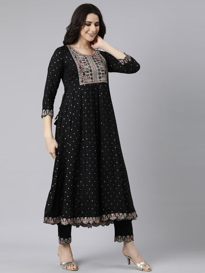 Neerus Black Regular Flared Ethnic Motifs Kurta And  Trousers With Dupatta