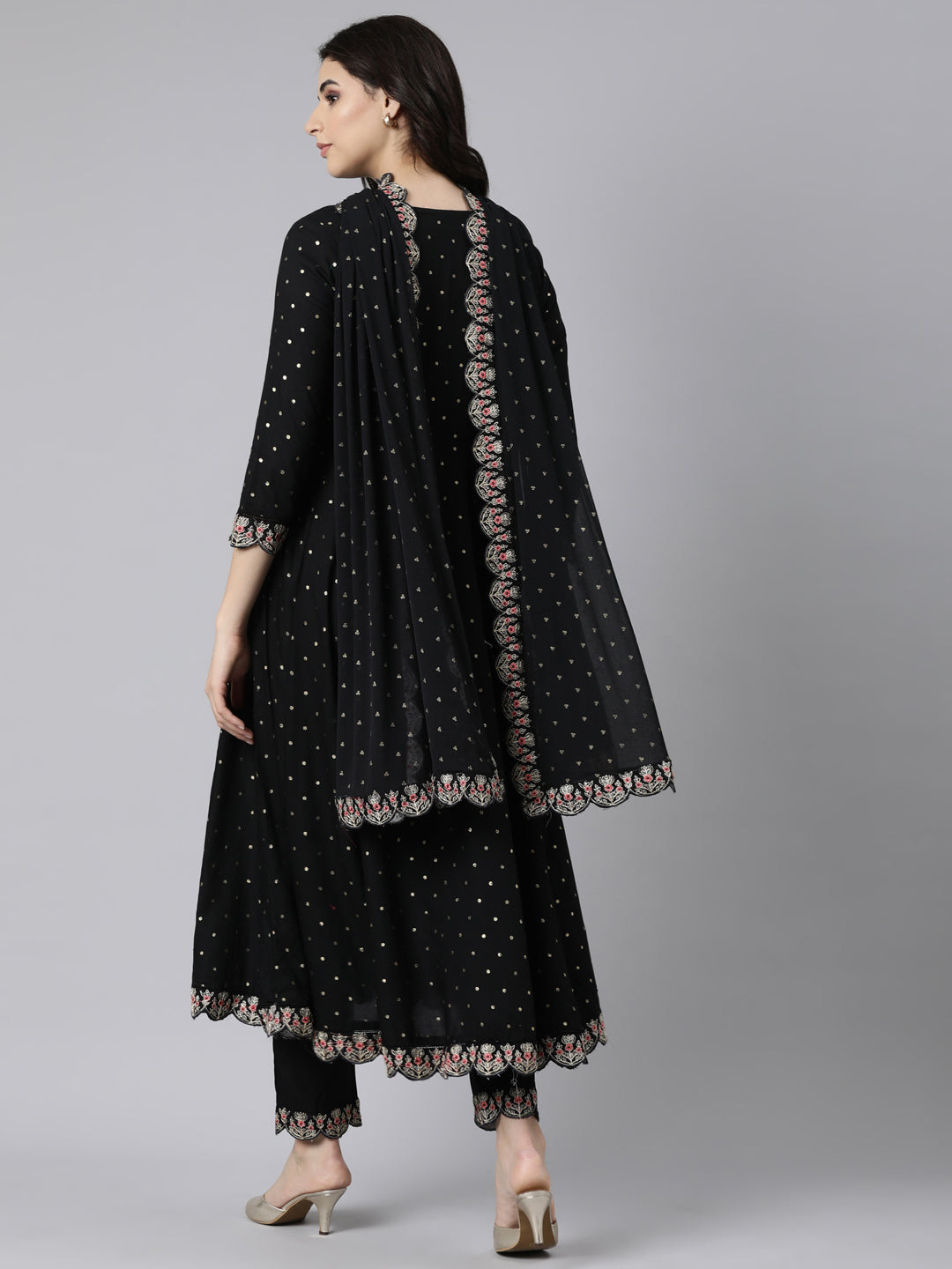 Neerus Black Regular Flared Ethnic Motifs Kurta And  Trousers With Dupatta